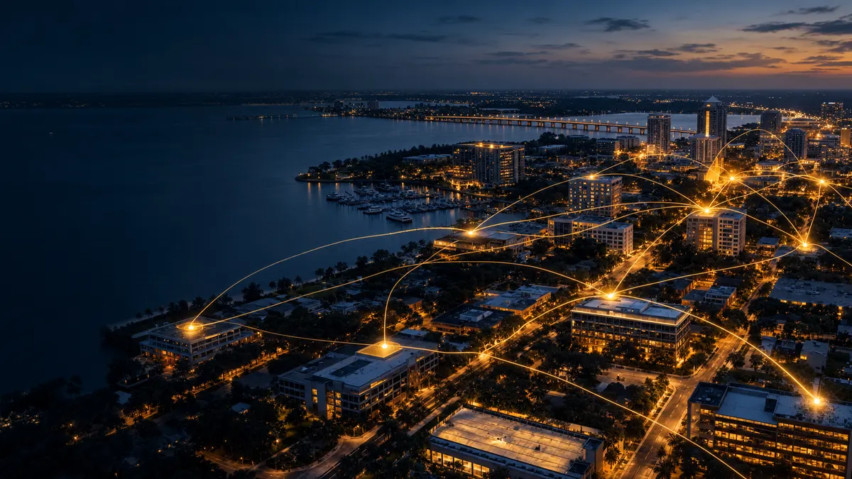 Aerial view of a waterfront city at dusk with gold network lines connecting its buildings