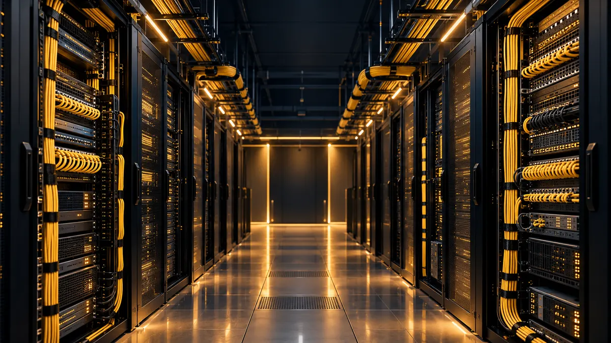 A data center aisle with racks of neatly dressed gold cabling
