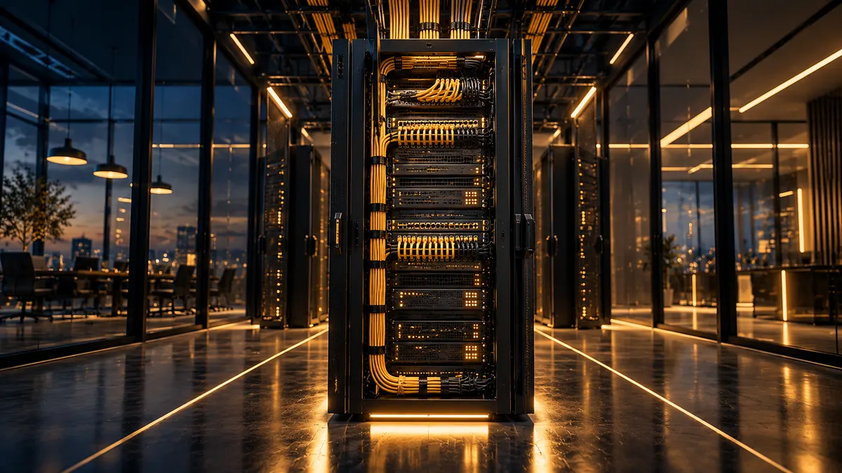 A network rack with dressed gold cabling inside a glass-walled office at night