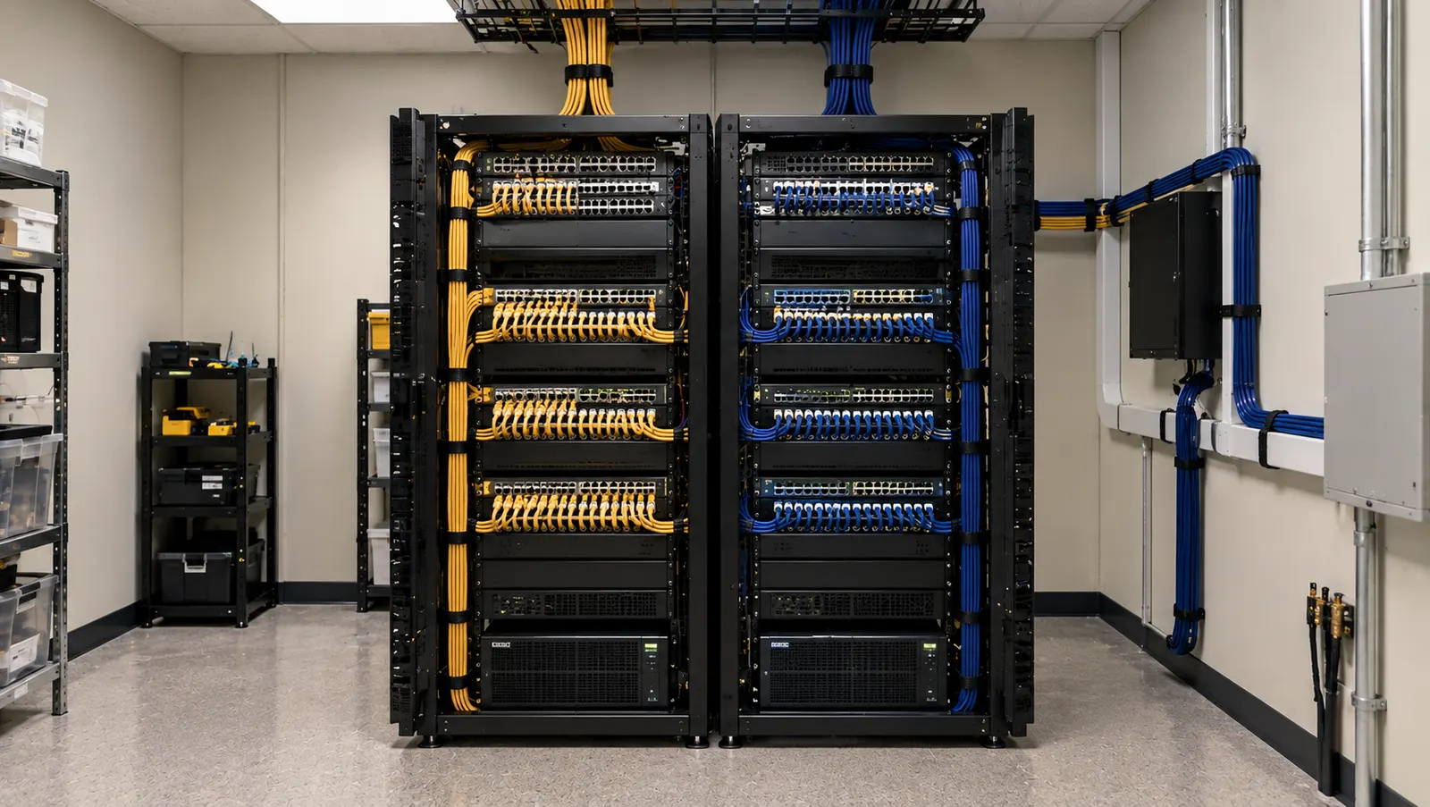 After: the same room rebuilt with dressed, color-coded gold and navy cabling