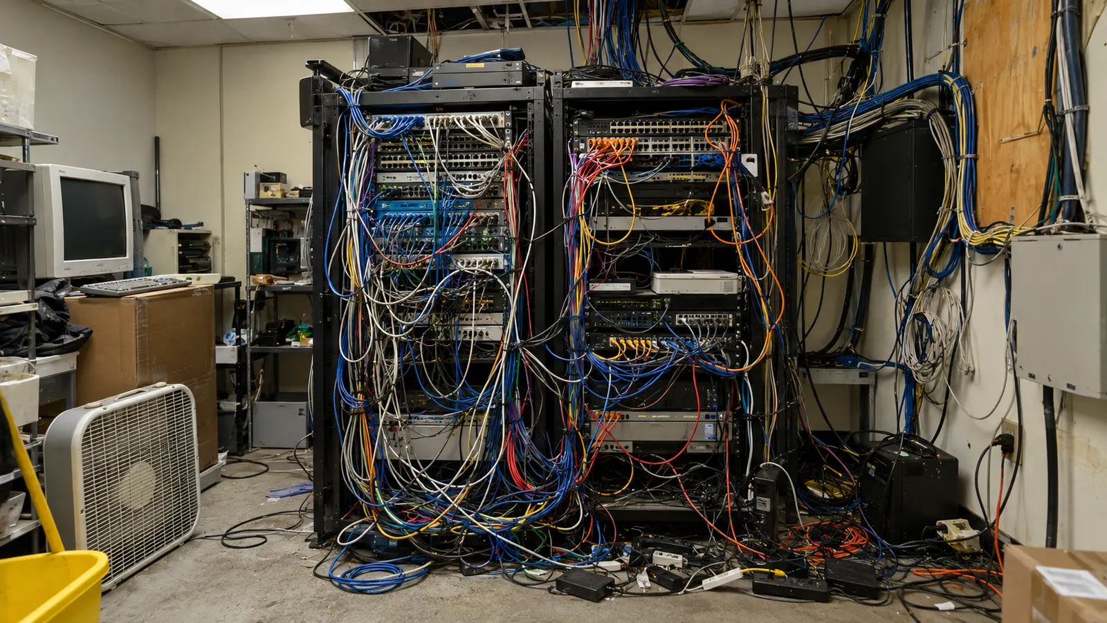 Before: a server room with tangled, mismatched cabling and improvised equipment